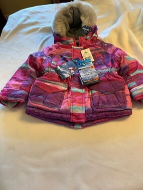 Girls' Colorblock Puffer Jacket with Faux Fur Hood - Pink & Purple New 18 months